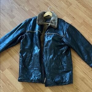 Legacy Black Faux Leather Bomber Jacket with Brown Shearling Collar